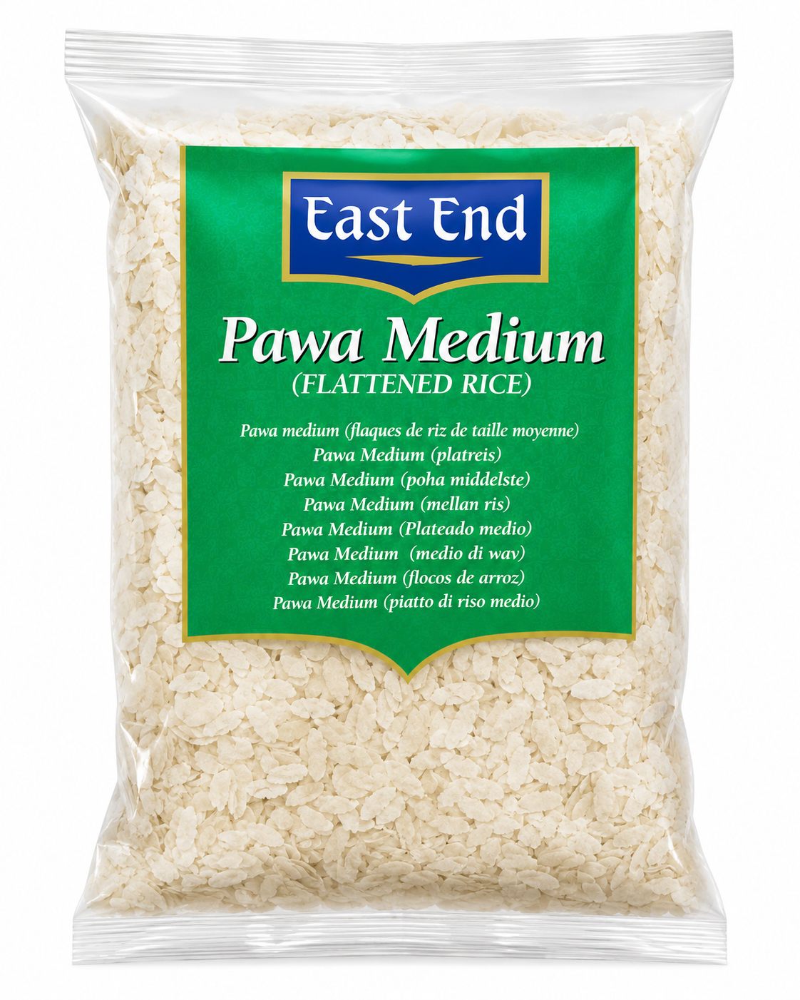 A bag of East End Pawa Medium (Flatfined Rice) in a clear plastic package with a green and blue label, showing the off-white rice grains inside.