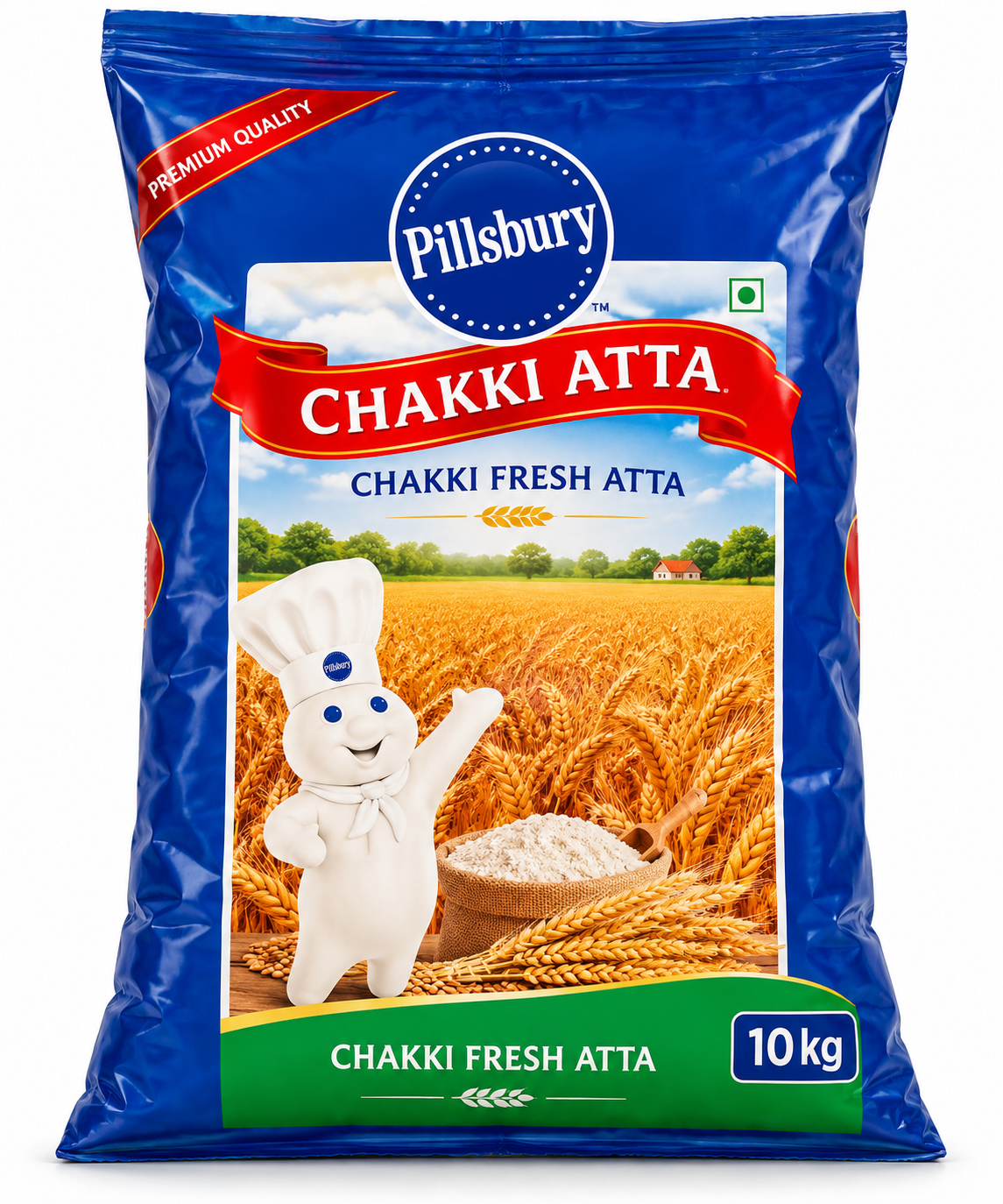 Pillsbury Chakki Fresh Atta 10kg in blue packaging, featuring the Pillsbury Doughboy mascot, golden wheat fields, a sack of flour and the Chakki Atta branding.