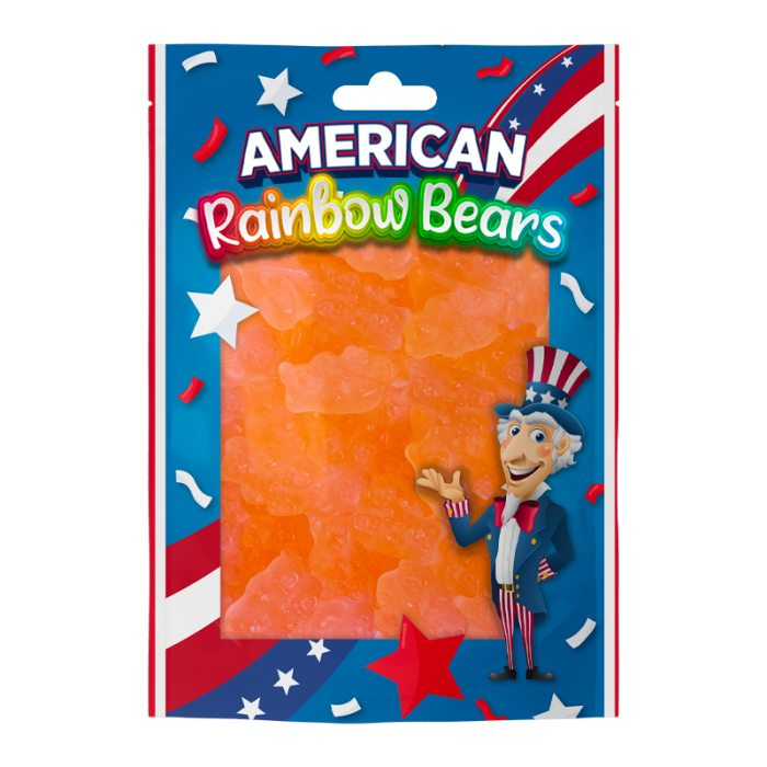 Close-up of American Rainbow pink grapefruit gummy bears showing their soft, chewy texture.