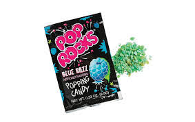 A blue Pop Rocks Blue Razz popping candy packet featuring bold blue raspberry artwork and the classic Pop Rocks logo.