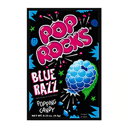 Packet of Pop Rocks Blue Razz popping candy with bright blue raspberry graphics.