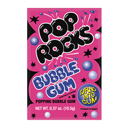 Packet of Pop Rocks Bubble Gum popping candy with pink bubble gum graphics.