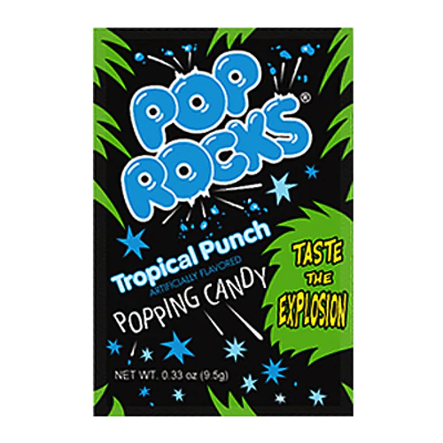 Packet of Pop Rocks Fruit Punch popping candy with colorful fruit graphics.