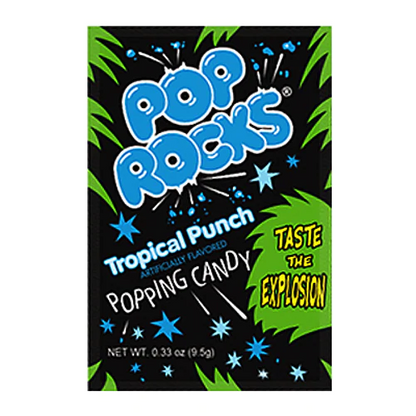 Packet of Pop Rocks Fruit Punch popping candy with colorful fruit graphics.
