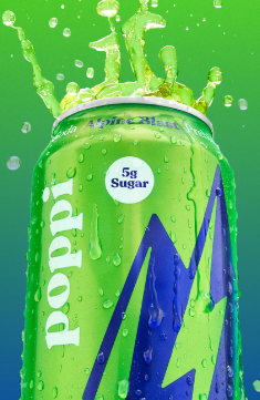 Poppi Prebiotic Soda Alpine Blast 355ml can with bright, clean packaging, offering a citrus-flavored soda infused with apple cider vinegar for gut health.