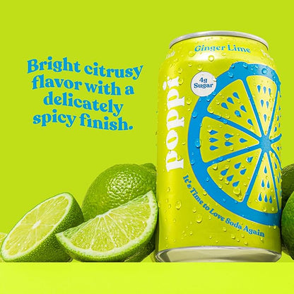 Can of Poppi Prebiotic Soda Ginger Lime 12 oz 355 ml featuring zesty ginger-lime flavor and Poppi logo