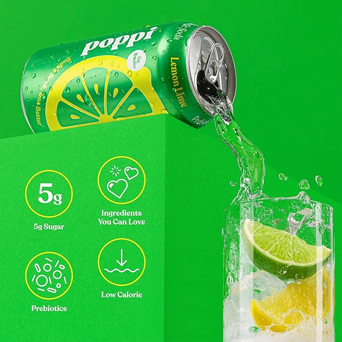 Poppi Prebiotic Soda Lemon Lime 12 oz 355 ml sparkling lemon and lime soda with prebiotics