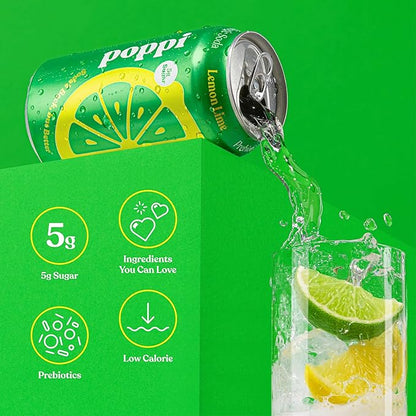 Poppi Prebiotic Soda Lemon Lime 12 oz 355 ml sparkling lemon and lime soda with prebiotics