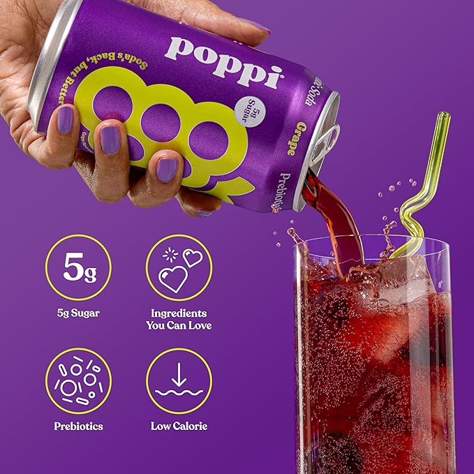 Refreshing Poppi Prebiotic Soda Grape 355 ml can with natural fruit flavor