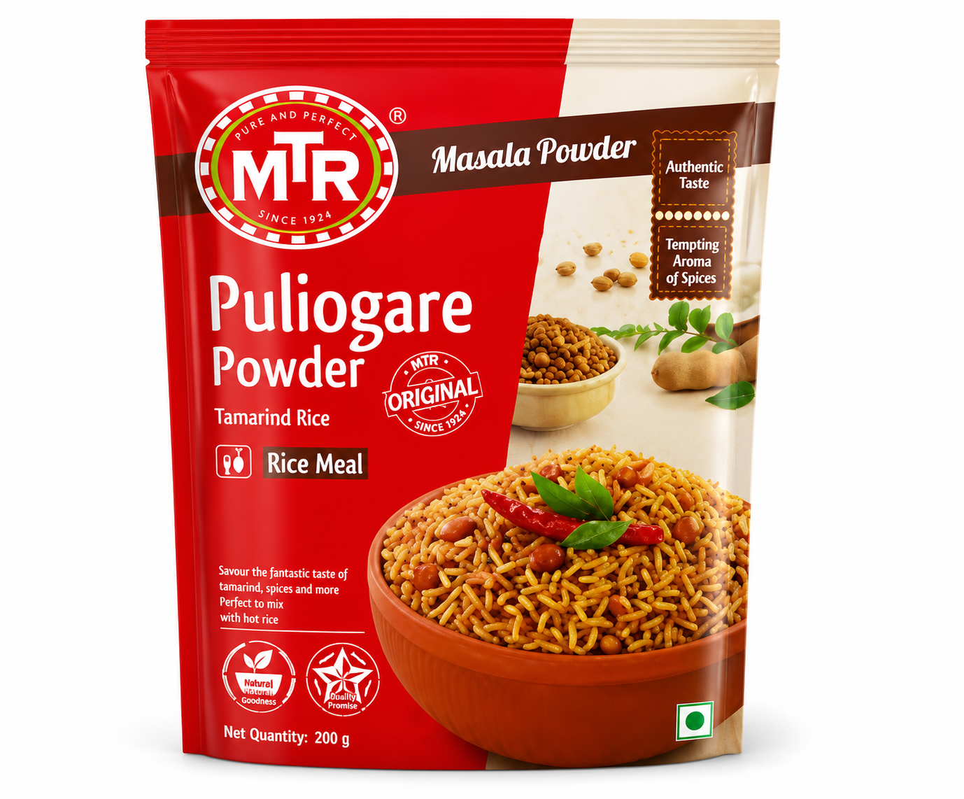 A 200g pouch of MTR Masala Powder Puliagare Tamarind Rice Meal on a white background. The packaging is primarily red with a white top section, featuring the MTR logo, product details, and an image of the prepared rice dish.