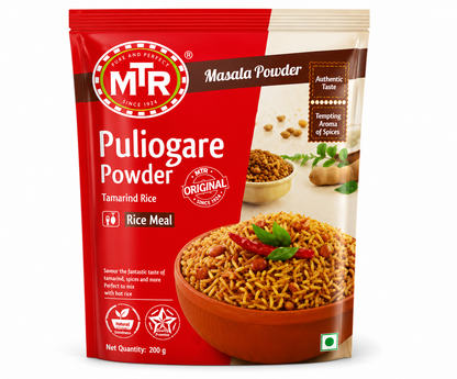 A 200g pouch of MTR Masala Powder Puliagare Tamarind Rice Meal on a white background. The packaging is primarily red with a white top section, featuring the MTR logo, product details, and an image of the prepared rice dish.
