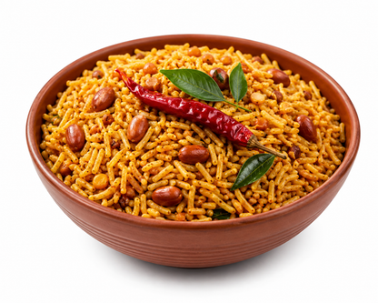 Traditional terracotta bowl filled with Puliyogare (tamarind rice) mix, garnished with roasted peanuts, dried red chilli and fresh curry leaves on a clean white background.