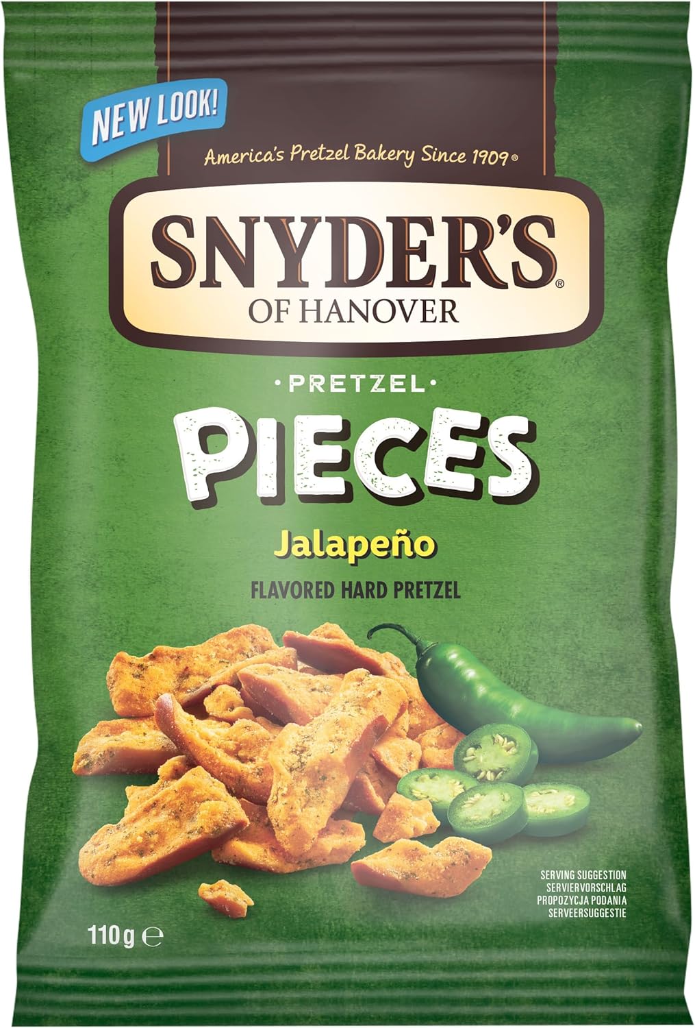 A 110g bag of Snyder's of Hanover Pretzel Pieces Jalapeño flavored hard pretzel, featuring a green and brown packaging design with an image of pretzel pieces and jalapeños on the front.