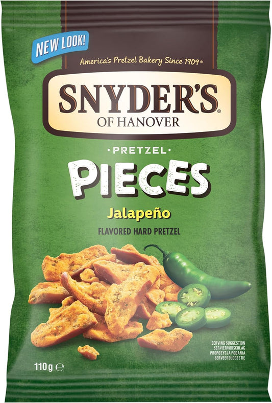 A 110g bag of Snyder's of Hanover Pretzel Pieces Jalapeño flavored hard pretzel, featuring a green and brown packaging design with an image of pretzel pieces and jalapeños on the front.