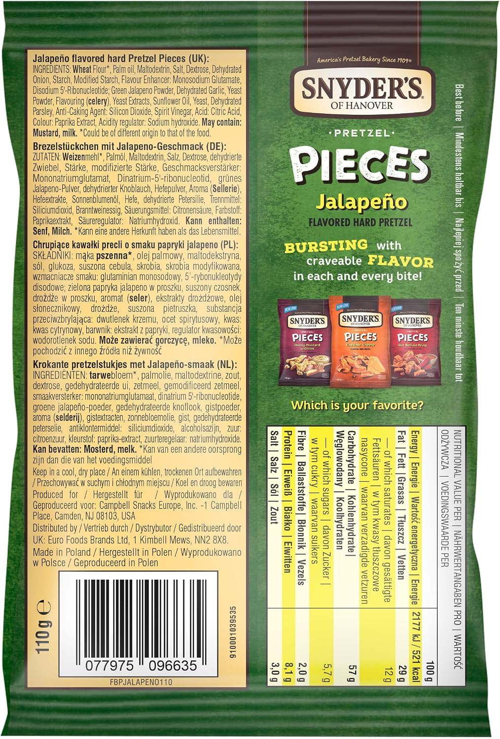 Snyder's of Hanover Pretzel Pieces Jalapeño 340g bag, crunchy spicy jalapeño flavoured hard pretzel snack imported from the USA.