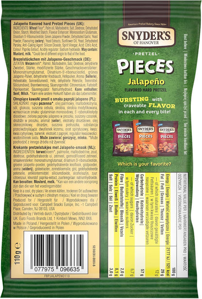 Snyder's of Hanover Pretzel Pieces Jalapeño 340g bag, crunchy spicy jalapeño flavoured hard pretzel snack imported from the USA.