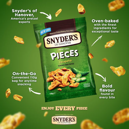 Snyder's of Hanover Pretzel Pieces Jalapeño flavored snack bag centered on a green background with floating pretzel pieces and promotional text callouts.