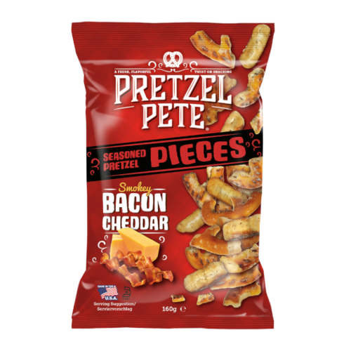 Pretzel Pete Smokey Bacon Cheddar Pieces – crunchy pretzels with smoky bacon and cheddar flavor.