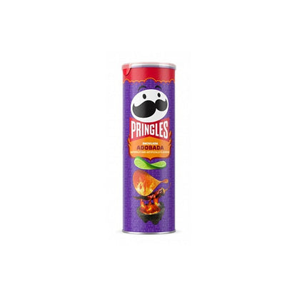 A canister of Pringles Enchilada Adobada flavor, featuring stackable, crispy chips coated with bold, smoky, and tangy adobada seasoning. The packaging showcases the product's vibrant colors and highlights its spicy Mexican-inspired flavor.