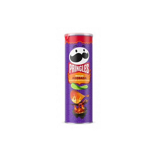 A canister of Pringles Enchilada Adobada flavor, featuring stackable, crispy chips coated with bold, smoky, and tangy adobada seasoning. The packaging showcases the product's vibrant colors and highlights its spicy Mexican-inspired flavor.