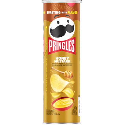 A canister of Pringles Honey Mustard flavor, featuring stackable, crispy chips coated with a sweet and tangy honey mustard seasoning. The packaging showcases vibrant colors and highlights the unique flavor combination of honey and mustard.