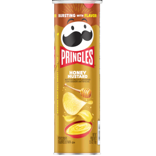 A canister of Pringles Honey Mustard flavor, featuring stackable, crispy chips coated with a sweet and tangy honey mustard seasoning. The packaging showcases vibrant colors and highlights the unique flavor combination of honey and mustard.