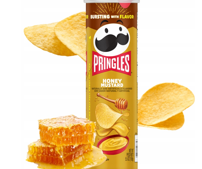 A canister of Pringles Honey Mustard flavor, featuring stackable, crispy chips coated with a sweet and tangy honey mustard seasoning. The packaging showcases vibrant colors and highlights the unique flavor combination of honey and mustard.