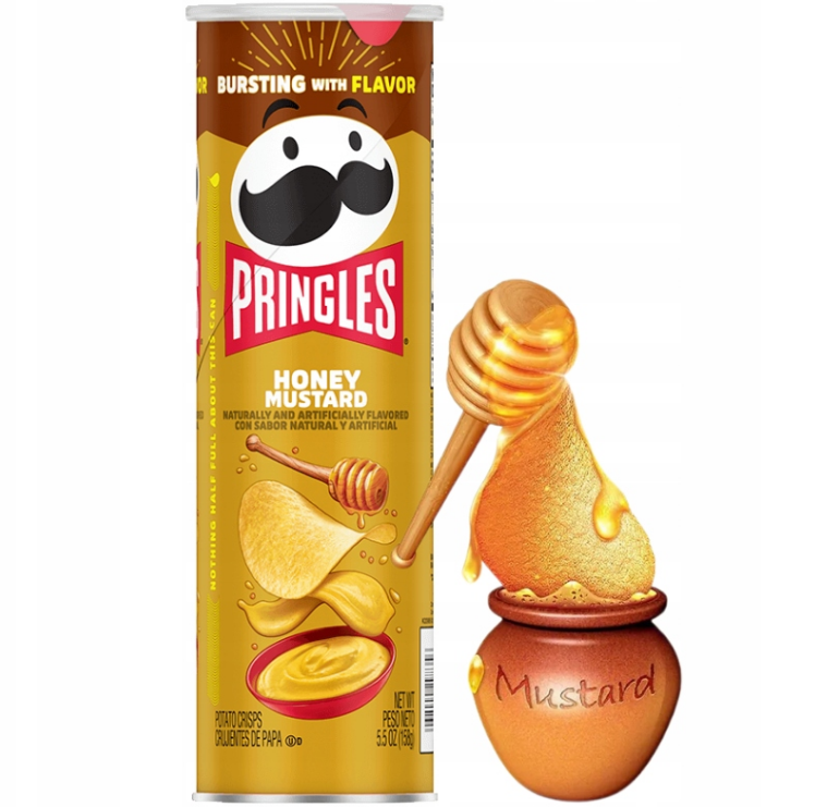 A canister of Pringles Honey Mustard flavor, featuring stackable, crispy chips coated with a sweet and tangy honey mustard seasoning. The packaging showcases vibrant colors and highlights the unique flavor combination of honey and mustard.