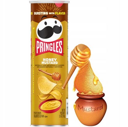 A canister of Pringles Honey Mustard flavor, featuring stackable, crispy chips coated with a sweet and tangy honey mustard seasoning. The packaging showcases vibrant colors and highlights the unique flavor combination of honey and mustard.