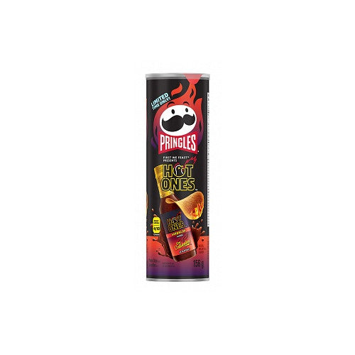 A canister of Pringles Hot Ones Los Calientes Barbacoa flavor, featuring stackable, crispy chips coated with smoky, spicy, and tangy barbacoa seasoning. The packaging showcases the Hot Ones logo and highlights the fiery flavor of the Los Calientes hot sauce.