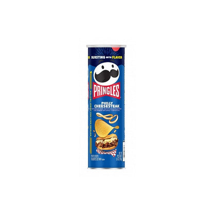 A canister of Pringles Philly Cheesesteak flavor, showcasing stackable, crispy chips with a savory, cheesy, and slightly peppery seasoning. The packaging features the iconic Pringles logo and highlights the Philly Cheesesteak flavor with vibrant graphics.
