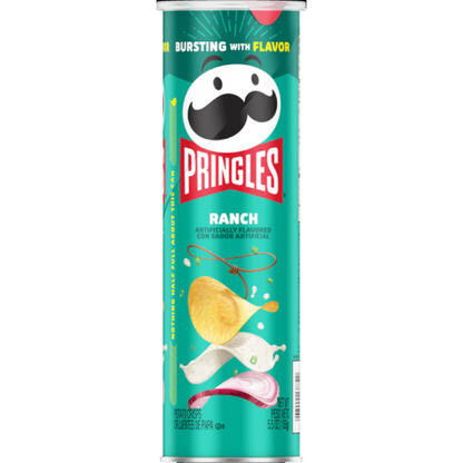 Front view of Pringles Ranch 158 g showing thin, crispy potato chips with tangy ranch seasoning.