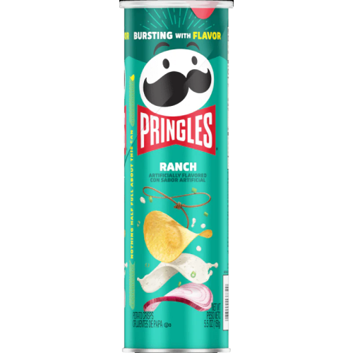 Front view of Pringles Ranch 158 g showing thin, crispy potato chips with tangy ranch seasoning.
