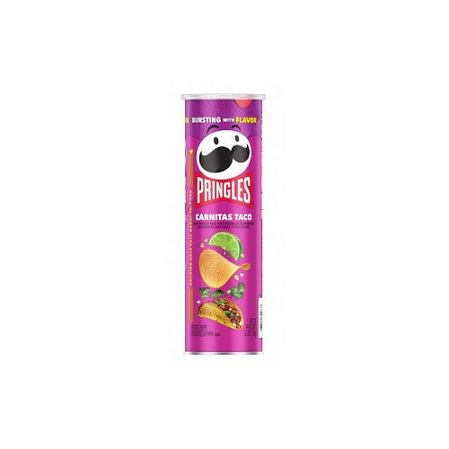 A canister of Pringles Carnitas Taco flavor, featuring stackable, crispy chips coated with savory carnitas seasoning, tangy lime, and a hint of spice. The packaging showcases vibrant taco-inspired graphics and highlights the bold, flavorful taco taste.