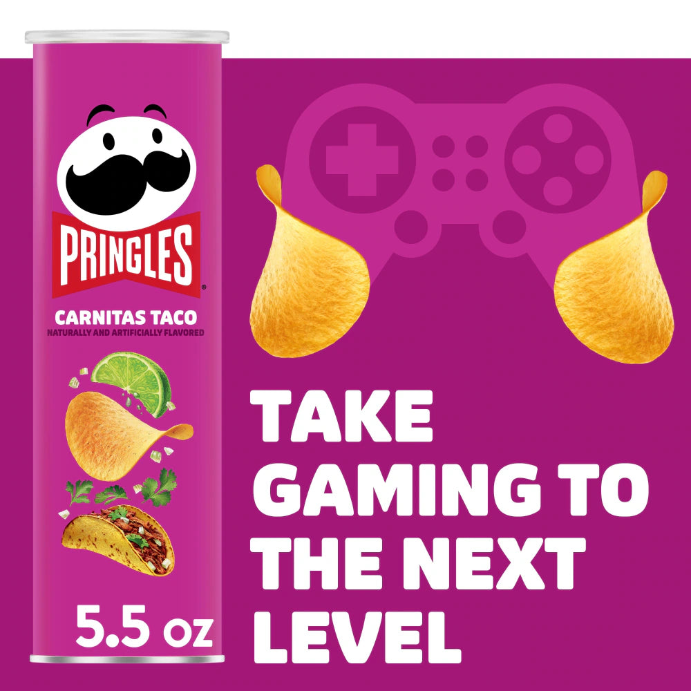 A canister of Pringles Carnitas Taco flavor, featuring stackable, crispy chips coated with savory carnitas seasoning, tangy lime, and a hint of spice. The packaging showcases vibrant taco-inspired graphics and highlights the bold, flavorful taco taste.