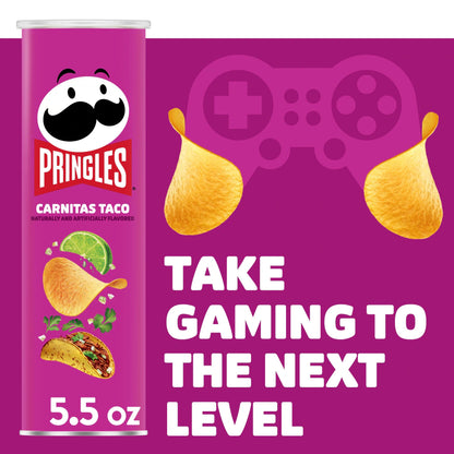 A canister of Pringles Carnitas Taco flavor, featuring stackable, crispy chips coated with savory carnitas seasoning, tangy lime, and a hint of spice. The packaging showcases vibrant taco-inspired graphics and highlights the bold, flavorful taco taste.