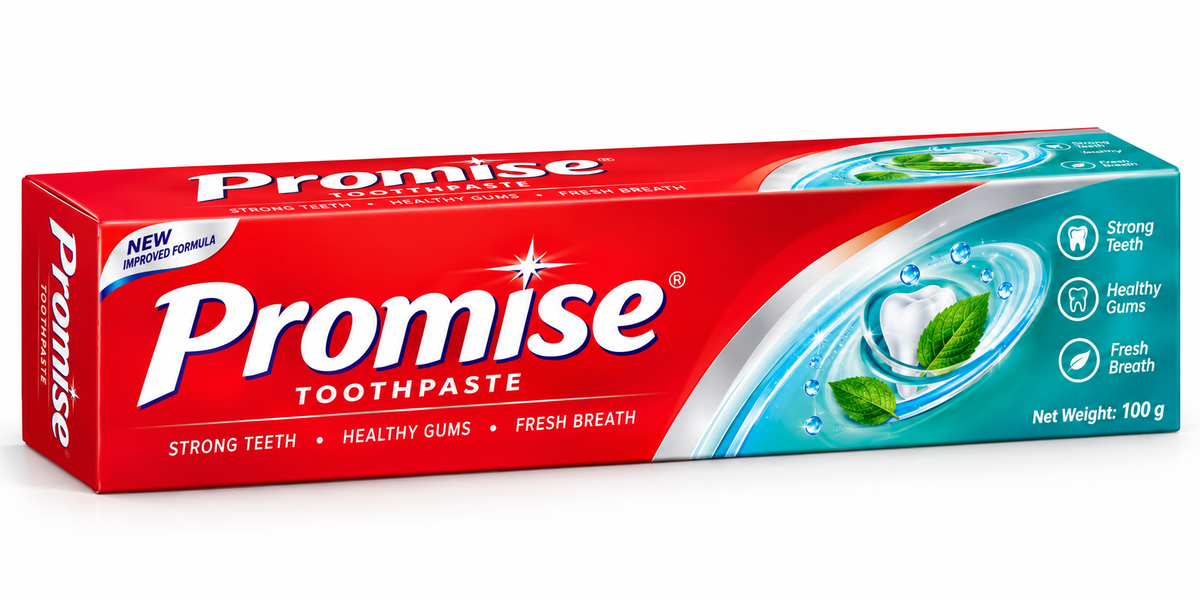 Promise Toothpaste 100ml in bright red and teal packaging, featuring a tooth illustration, fresh mint leaves, water effects and benefits for strong teeth, healthy gums and fresh breath.