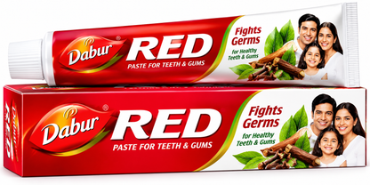 Dabur Red Toothpaste Mega Saver Pack 100g in red, white and yellow packaging, featuring Ayurvedic herbs, cloves, green leaves and oral care benefits.