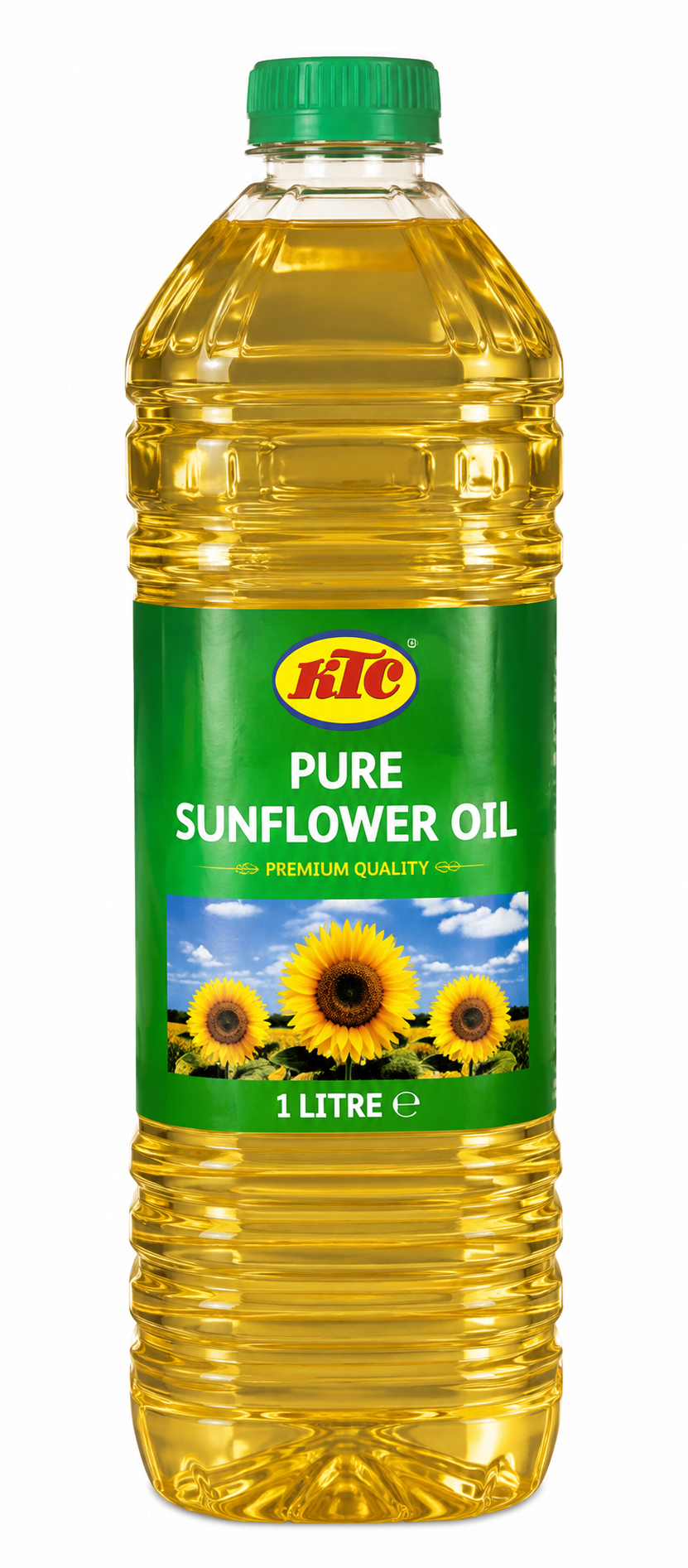A 1 litre plastic bottle of HIC Pure Sunflower Oil with a green cap and a green label featuring sunflower graphics, set against a plain white background.