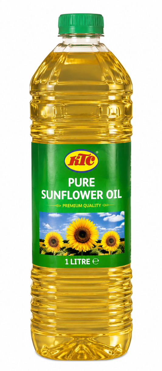 A 1 litre plastic bottle of HIC Pure Sunflower Oil with a green cap and a green label featuring sunflower graphics, set against a plain white background.