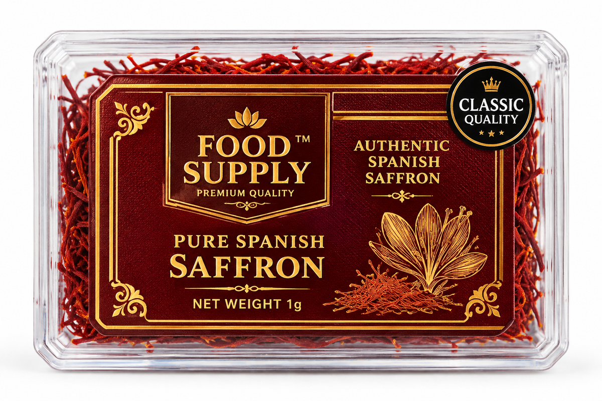 Food Supply Pure Spanish Saffron 1g in a clear plastic box with an elegant burgundy and gold label, containing premium red saffron threads for cooking, rice dishes and desserts.