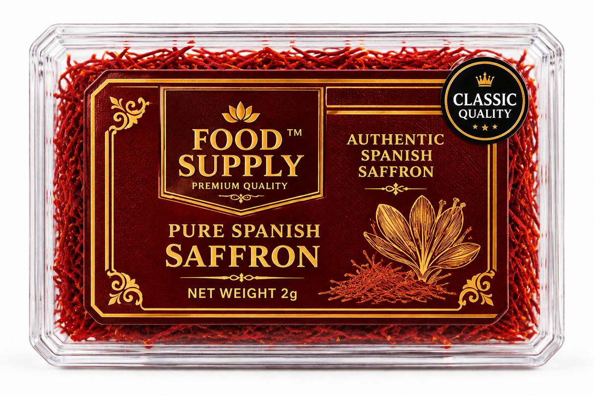 Food Supply Pure Spanish Saffron 2g in a clear plastic box with a burgundy and gold label, featuring vibrant red saffron threads and a saffron flower illustration, ideal for flavouring biryani, rice and desserts.