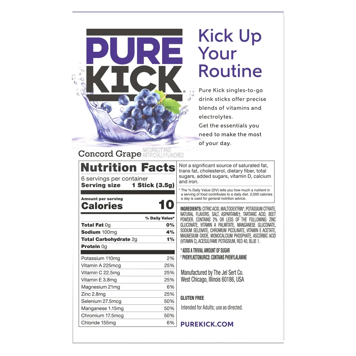 Pure Kick Hydration Singles To Go Concord Grape drink mix, 0.76 oz (21.7 g) single-serve packet.