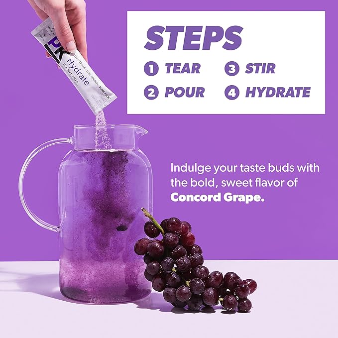 Single-serve Pure Kick Hydration Concord Grape powdered drink mix, 0.76 oz, electrolyte hydration support.