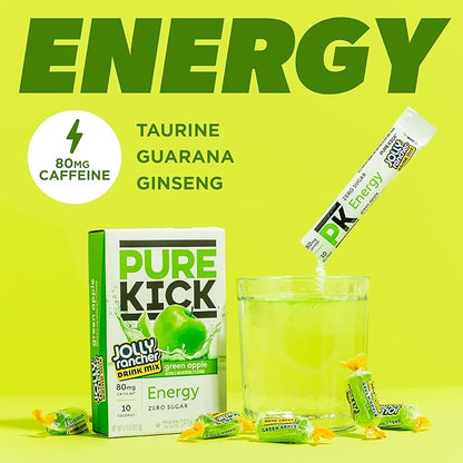 Single-serve Pure Kick Jolly Rancher Green Apple energy drink mix, 0.76 oz, caffeinated powdered mix.