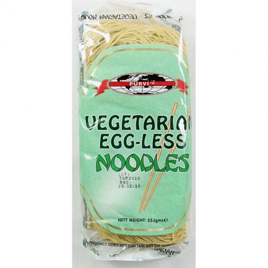 Purvi Vegetarian Egg-Less Noodles 250g packet showing dried wheat noodles suitable for vegetarian cooking, ideal for stir-fry, hakka noodles, and soup recipes.