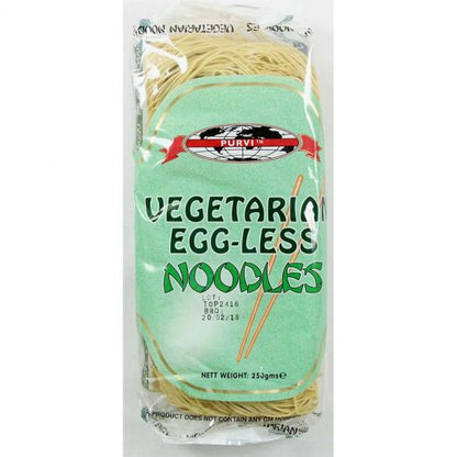 Purvi Vegetarian Egg-Less Noodles 250g packet showing dried wheat noodles suitable for vegetarian cooking, ideal for stir-fry, hakka noodles, and soup recipes.