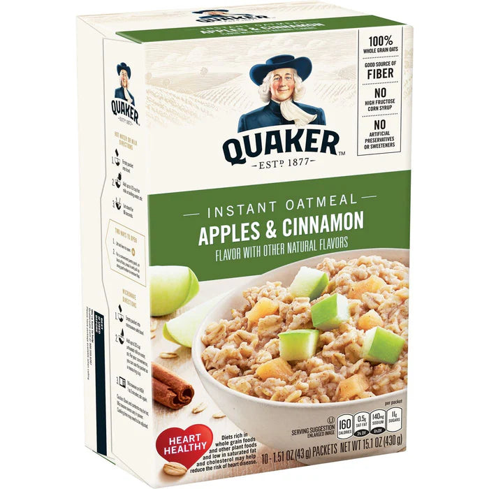Bulk pack of 12 Quaker Instant Oatmeal Apple & Cinnamon canisters, 430 g each.