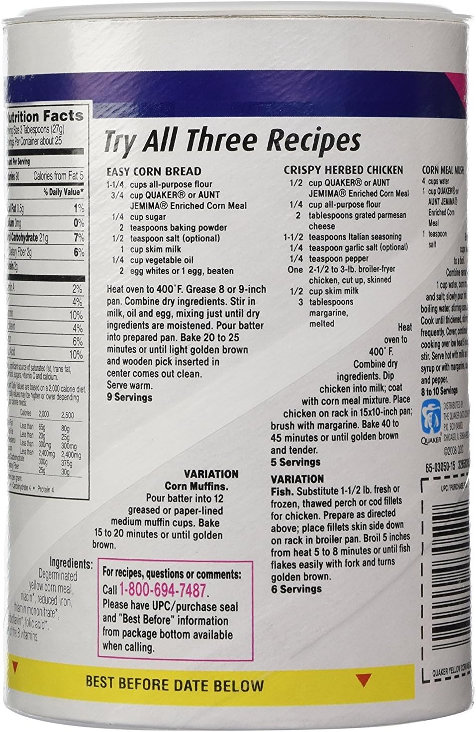 Quaker Yellow Corn Meal packaging with label visible