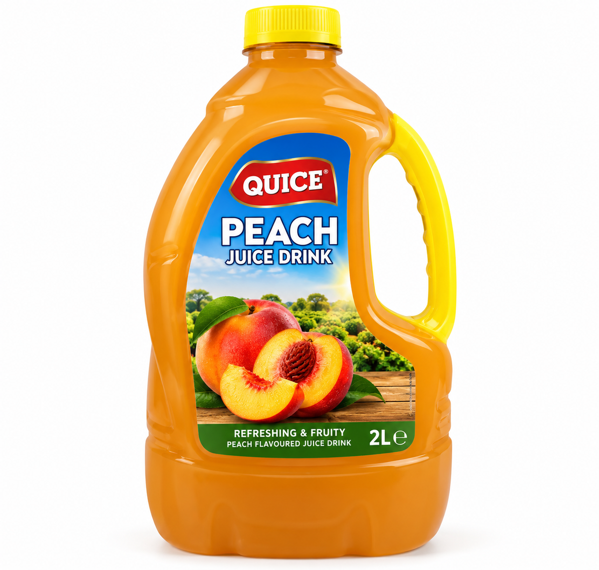 Quice Peach Juice Drink 2L in an orange plastic jug with a yellow cap and integrated handle, featuring images of fresh whole and sliced peaches on the label.